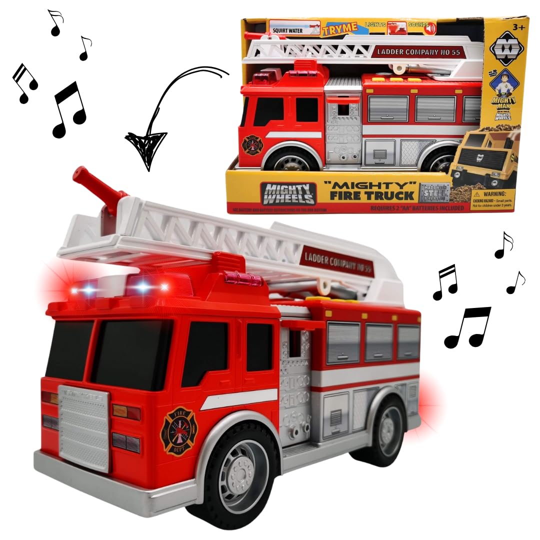 Mighty Wheels Steel Fire Truck Toy - 10" Free-Wheeling Fire Engine with Lights & Sounds