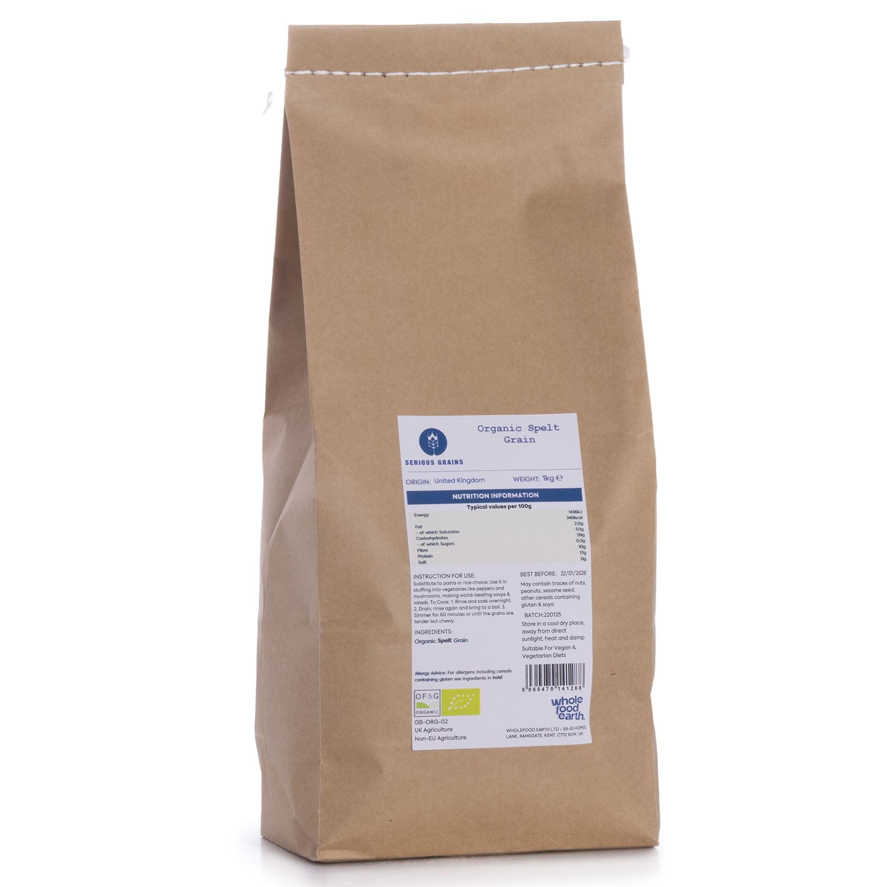 Wholefood Earth Organic Spelt Grain – 1kg, High Fibre Whole Grain, De-Hulled Spelt for Cooking