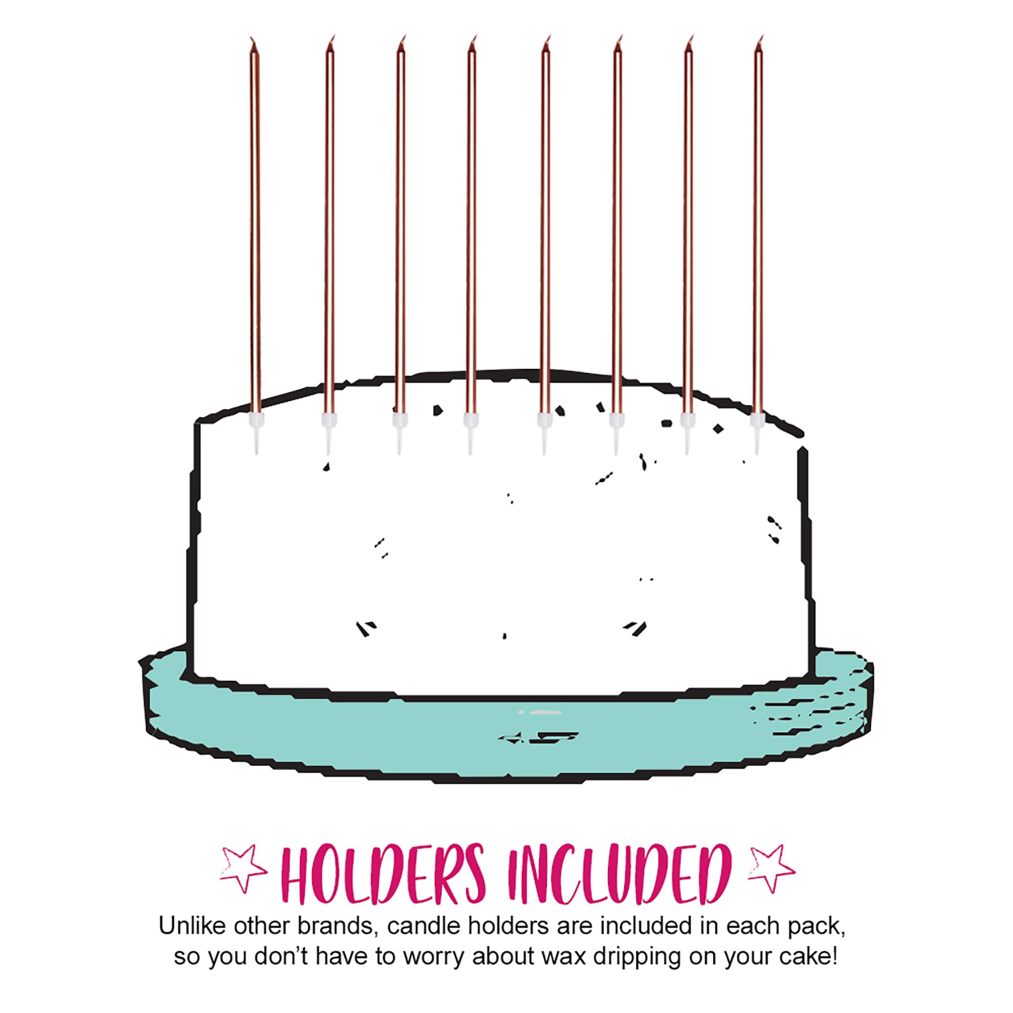 Anniversary House 16-Pack Extra Tall Slim Birthday Cake Candles with Holders - Metallic Rose Gold, 18cm 3