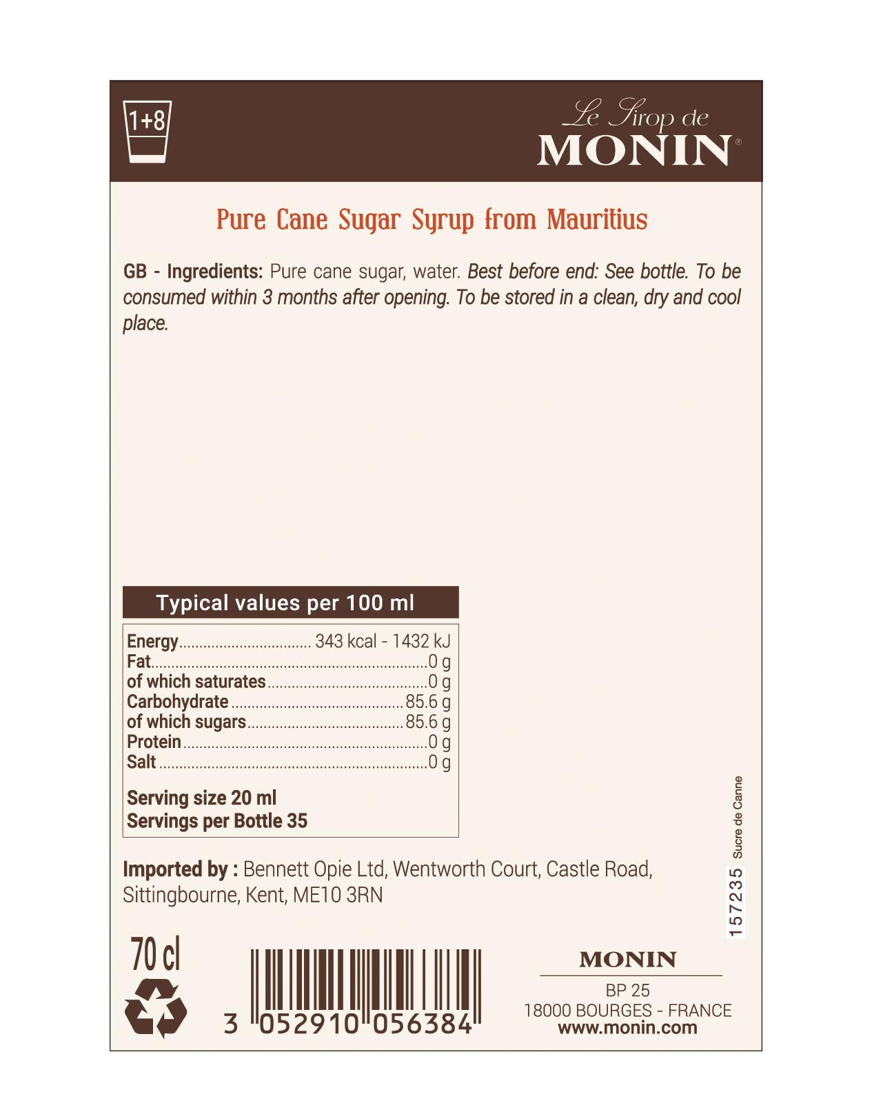 MONIN Pure Cane Sugar Syrup 700ml - Vegan, Allergen-Free Sweetener for Coffee, Cocktails & Beverages
