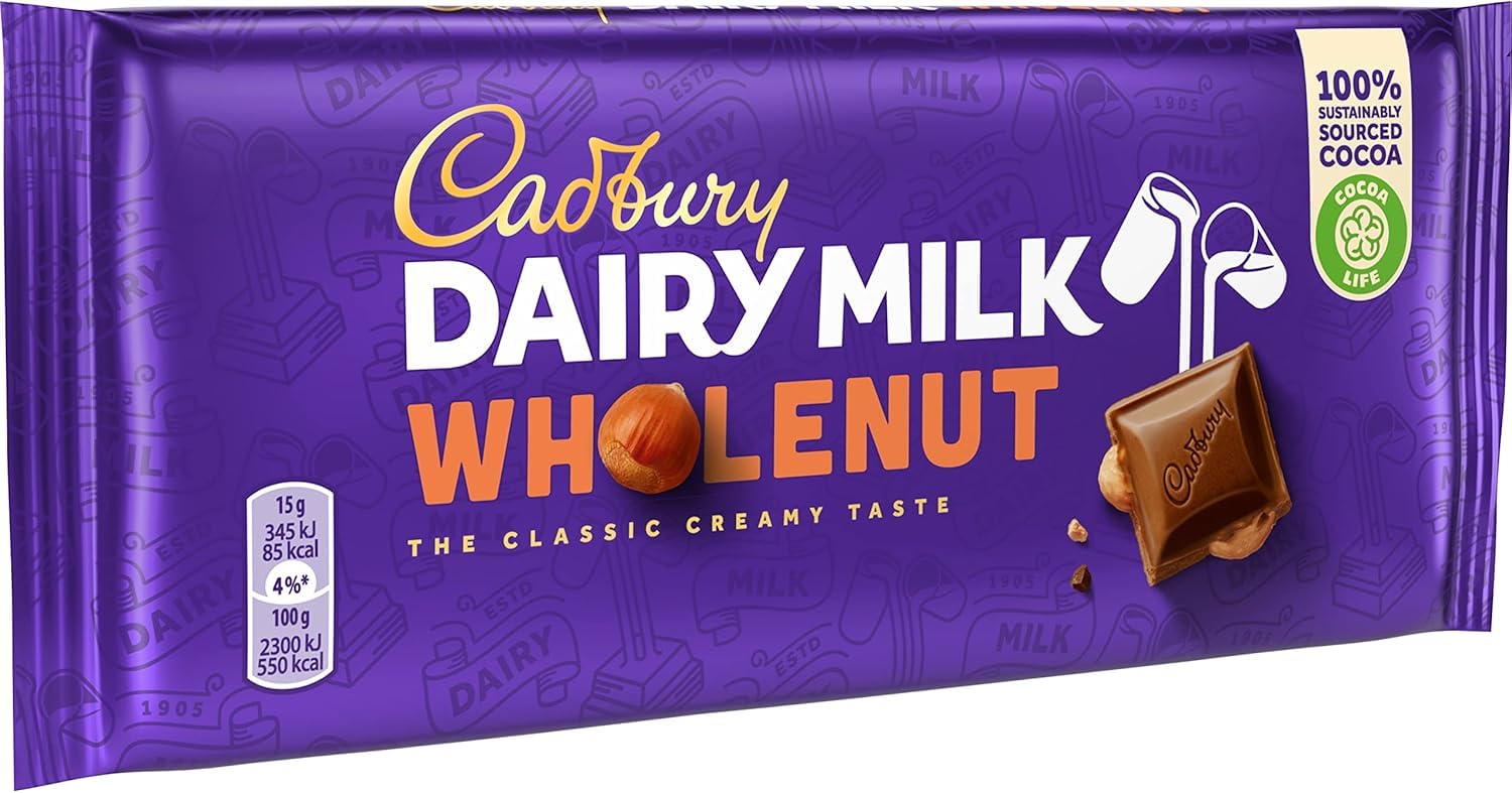 Cadbury Dairy Milk Whole Nut Bar mit ganzen Haselnüssen, 120 g
