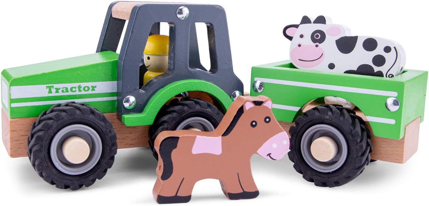 New Classic Toys 11941 Wooden Tractor with Trailer and Animals - Farm Playset for Toddlers 18 Months+ 3