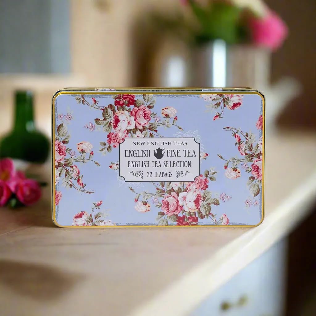New English Teas Lilac Floral Tea Tin with 72 Teabags – Cottagecore Design with Roses