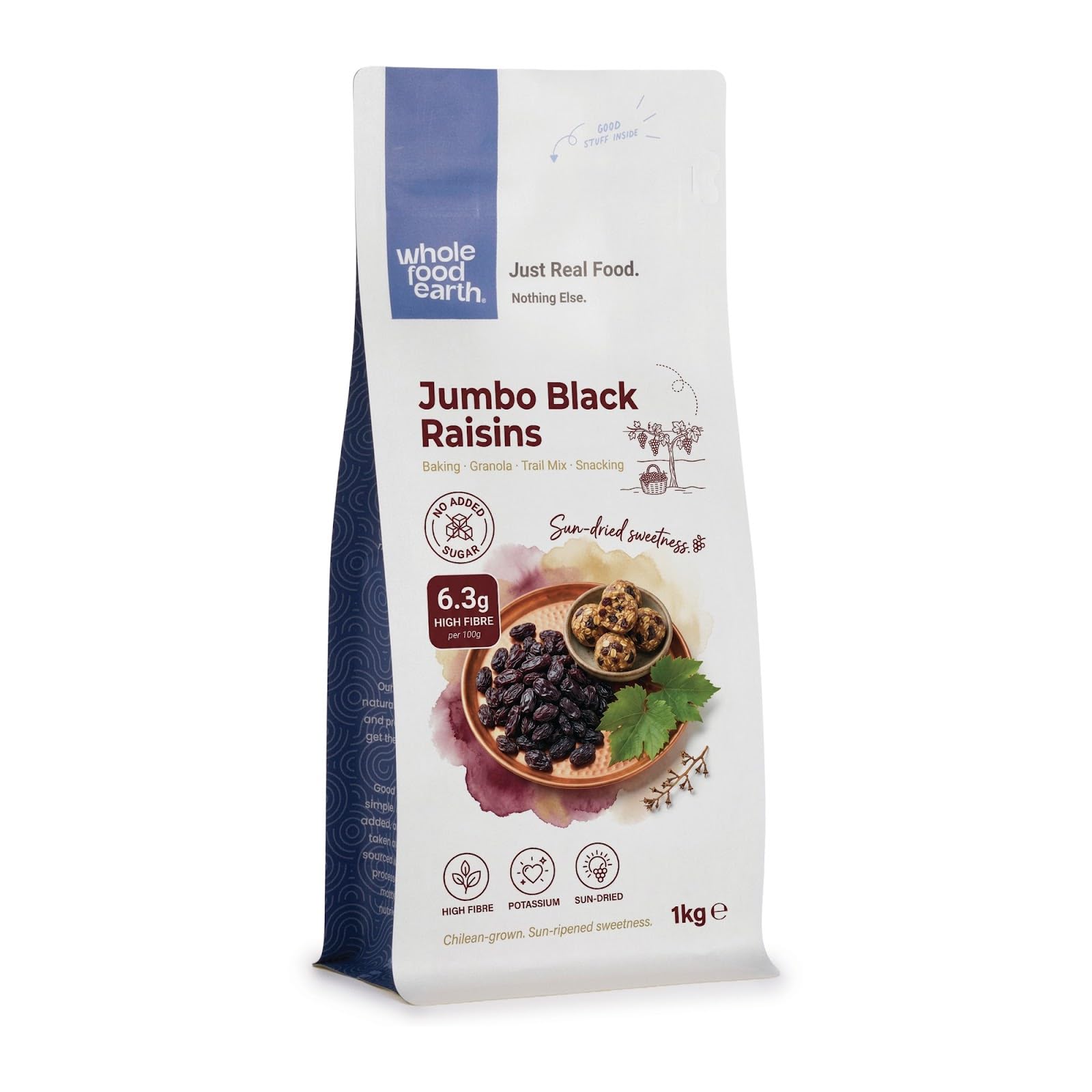 Wholefood Earth Jumbo Black Raisins - 1 kg Pack | GMO Free | High Fibre