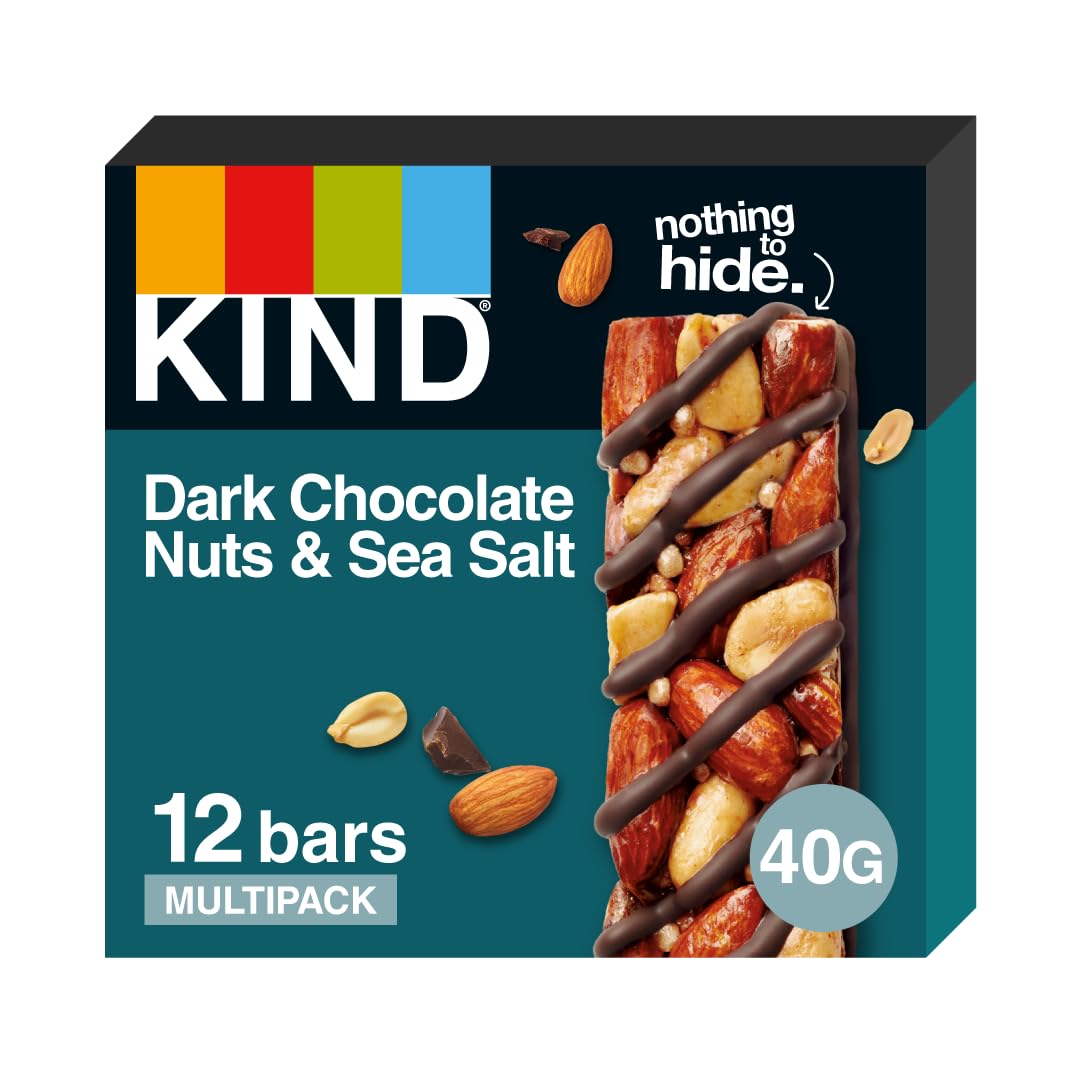 KIND - Dark Chocolate Nuts & Sea Salt Gluten Free Snack Bars, High Fibre, No Artificial Ingredients, 12 x 40g