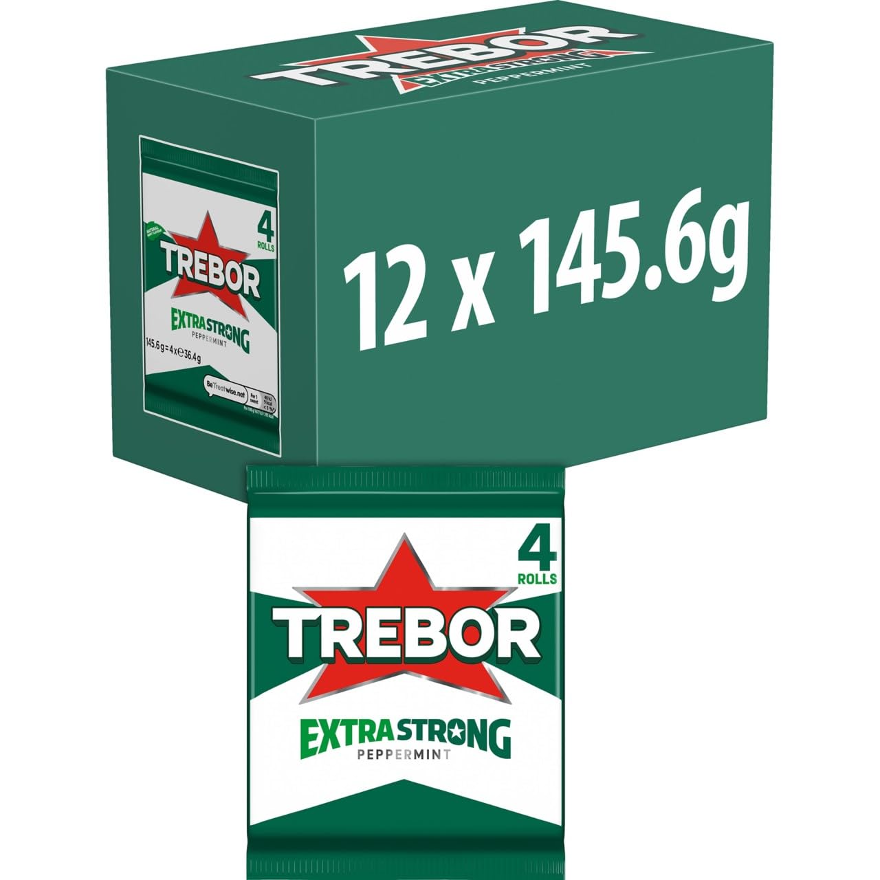 Trebor Extra Starke Pfefferminzbonbons, 4er-Pack Rollen, 146 g (12er-Pack)