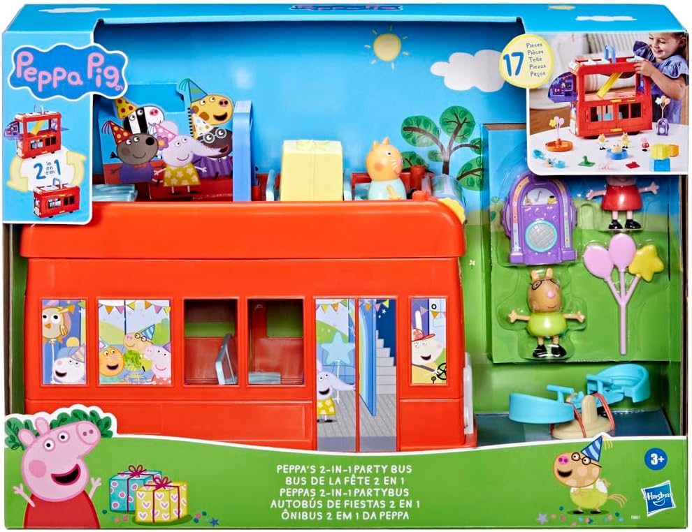 Peppa Pig Peppa’s 2-in-1 Party Bus Playset - 3-Floor Interactive Playset for Ages 3+