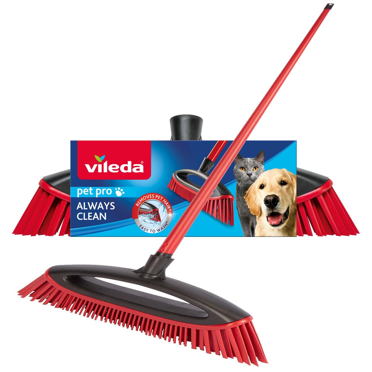 Vileda Pet Pro Always Clean Broom - Rubber Broom for Pet Hair Removal, Angled Bristles for Corners, Easy Rinse Clean, Red