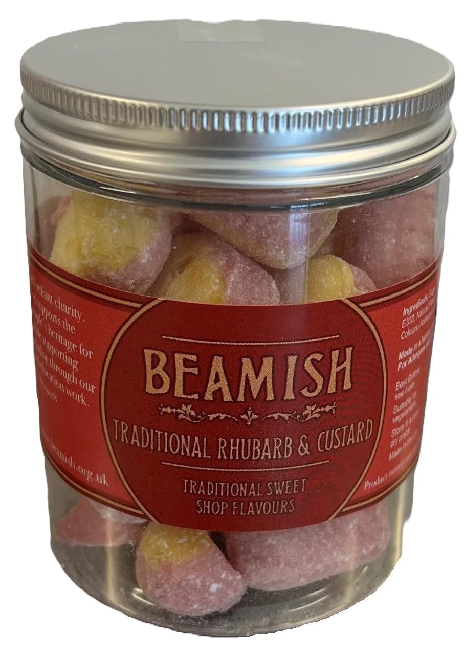 Beamish Rhubarb and Custard Candy Jar - Traditional Hardboiled Sweets | 200g