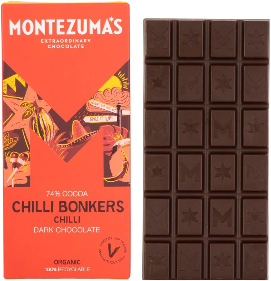 Montezuma's Chilli Bonkers 74% Kakao Zartbitterschokoladentafel mit Bio-Chili – Vegan, Glutenfrei, 90g