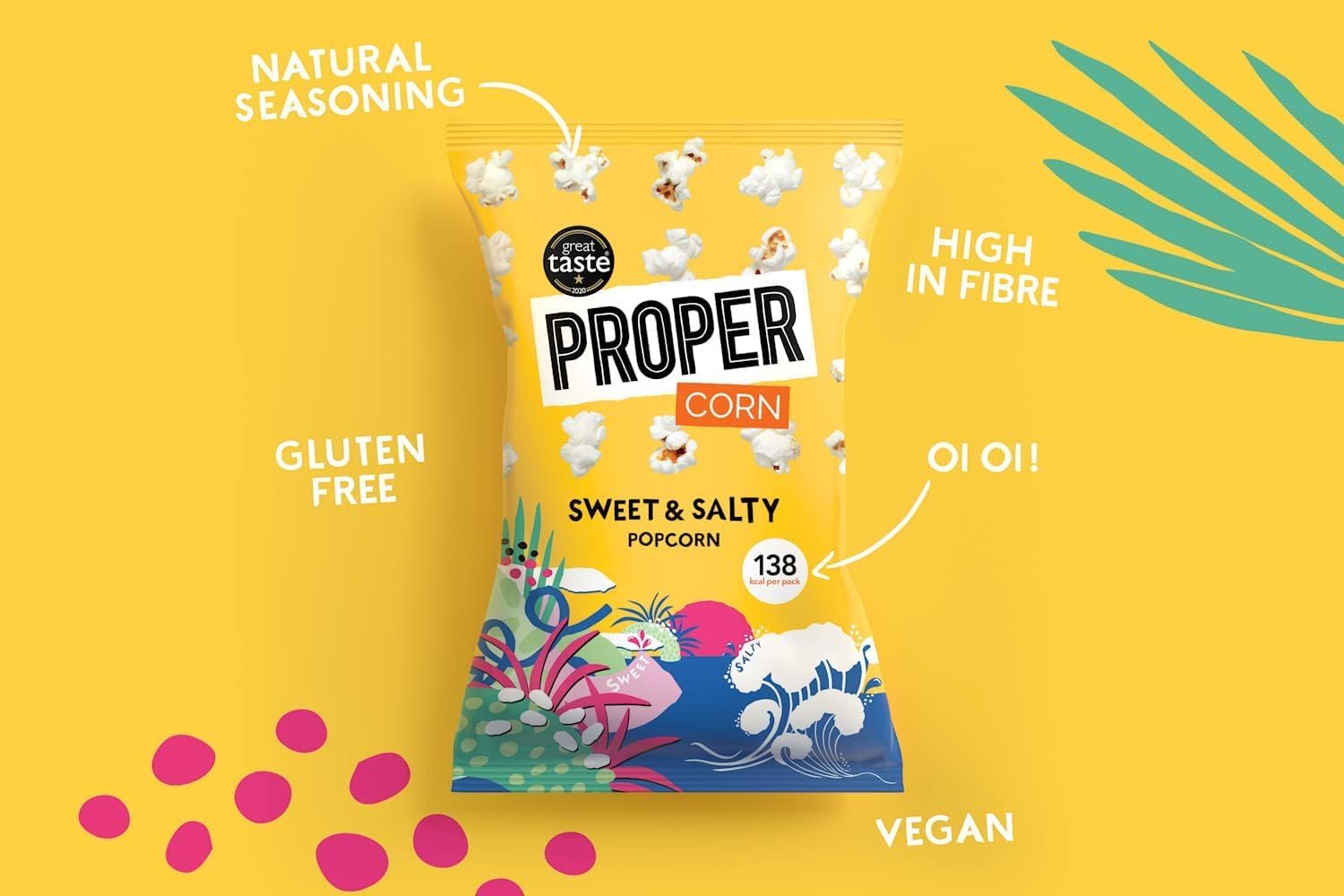 PROPERCORN Süßes und salziges Popcorn – mit natürlichem Meersalz und Demerara-Zucker gewürzter Snack, 32 Packungen à 14 g