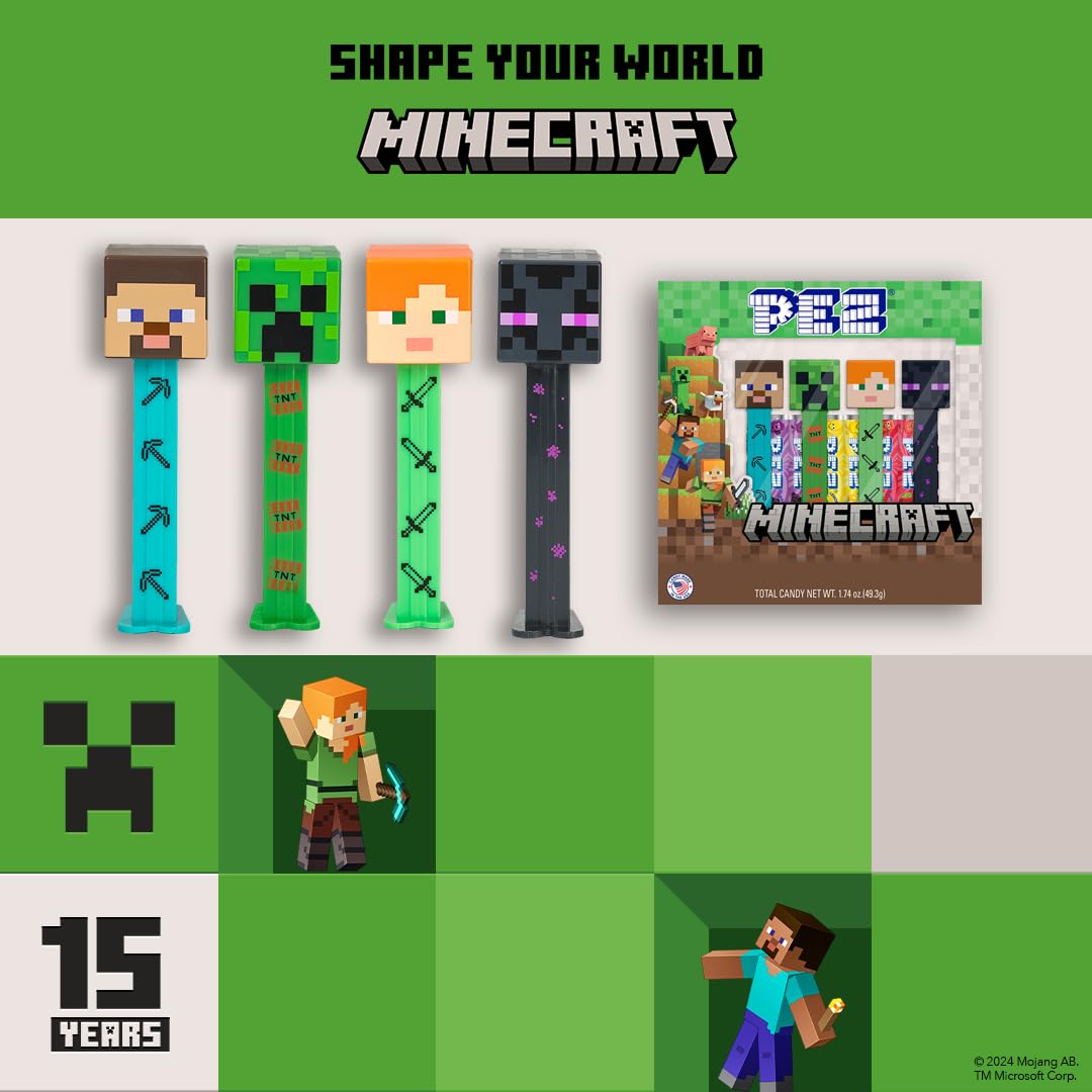 PEZ Minecraft Character Sweet Dispensers - Steve, Alex, Creeper & Ender Dragon Candy Dispenser Pack 3