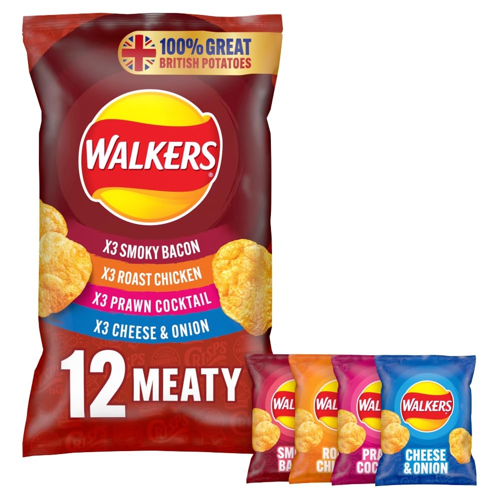 Walkers Meaty Variety Multipack Crisps 12x25g - Smoky Bacon, Roast Chicken, Prawn Cocktail, Cheese & Onion