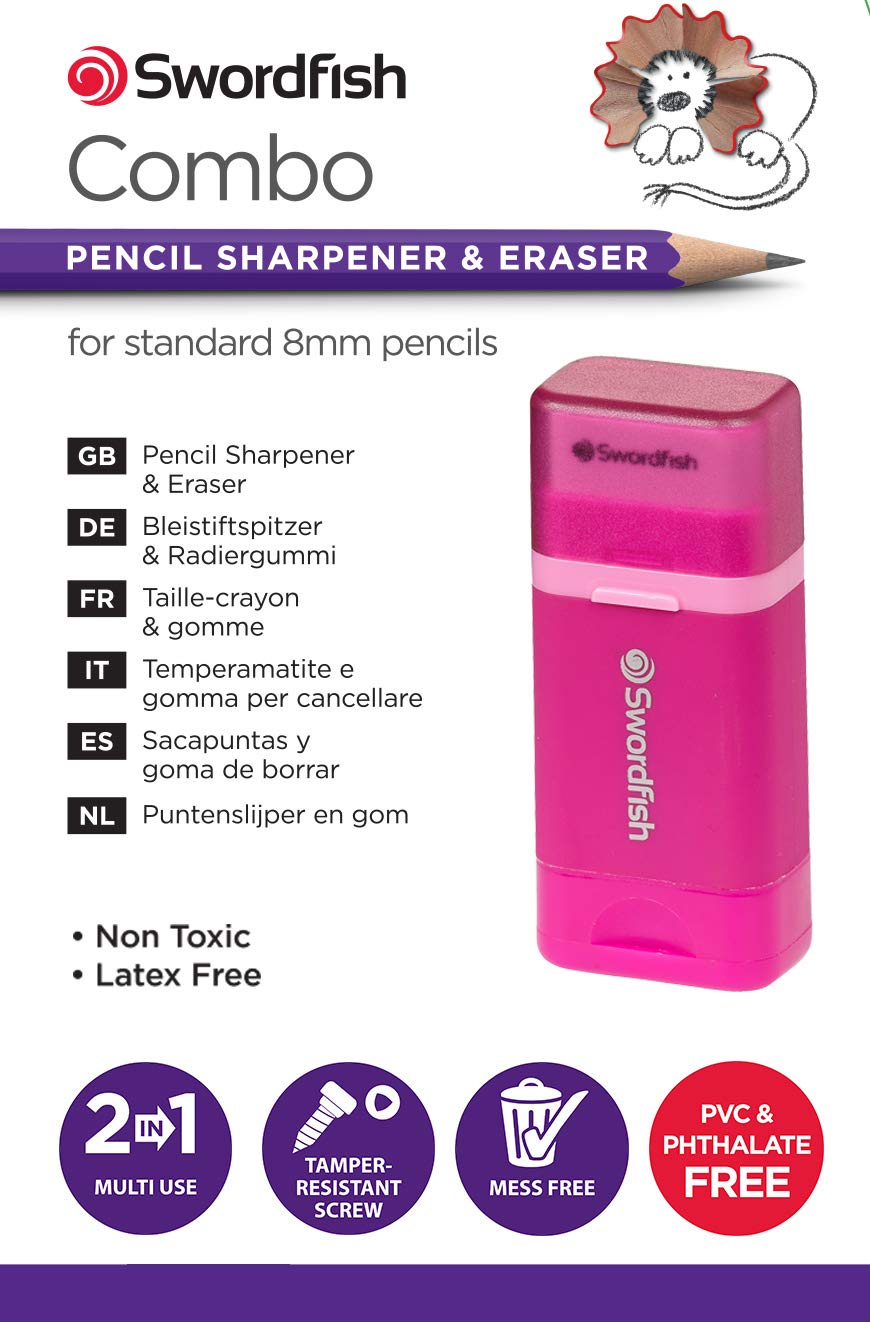 Swordfish Combo Pencil Sharpener with Mess-Free Canister and Eraser | Pink | Pack of 1