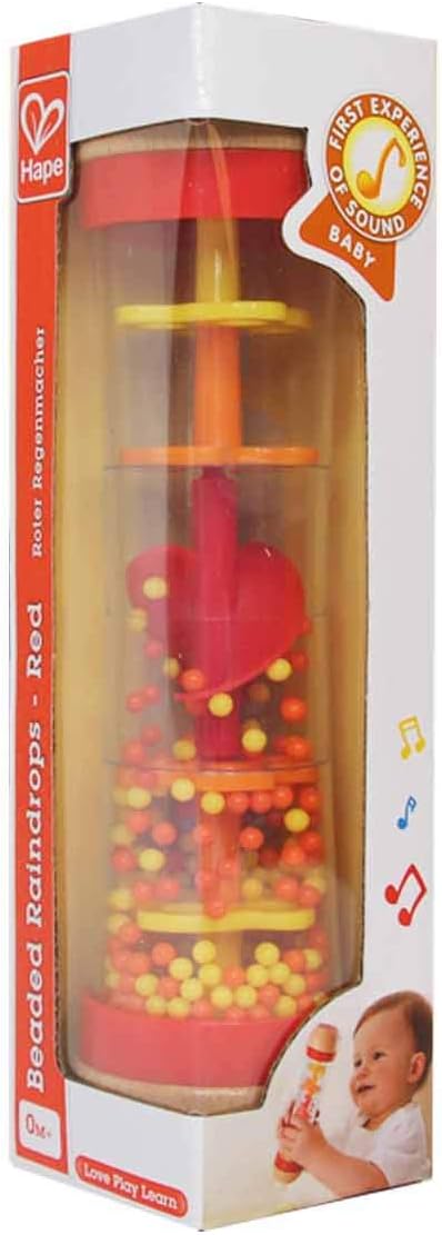 Hape Beaded Raindrops | Mini Wooden Musical Shake & Rattle Rainmaker Toy, Red