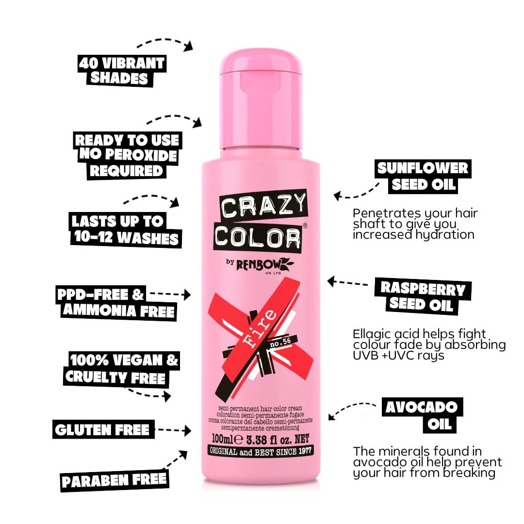 Crazy Color Fire Red Semi-Permanent Hair Dye - 100ml | Vegan Formula | PPD-Free 4