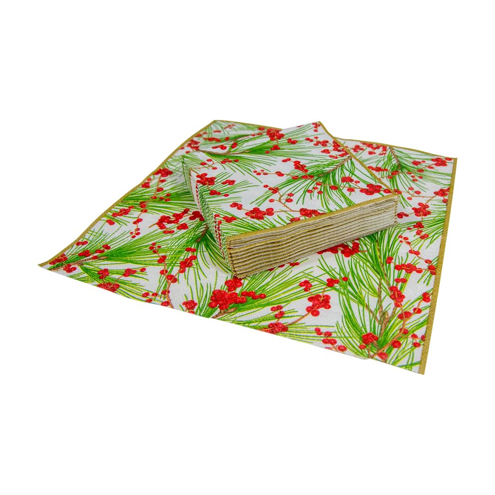 Caspari Berries and Pine Triple-Ply Paper Cocktail Napkins - 20 Per Package