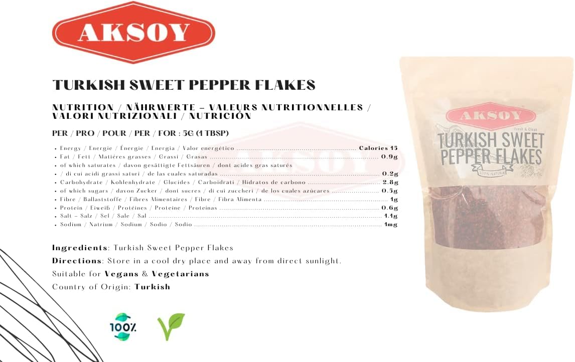 Aksoy Premium Turkish Sweet Red Pepper Flakes 200g - Mild & Sweet Flavor, Resealable Pack 4