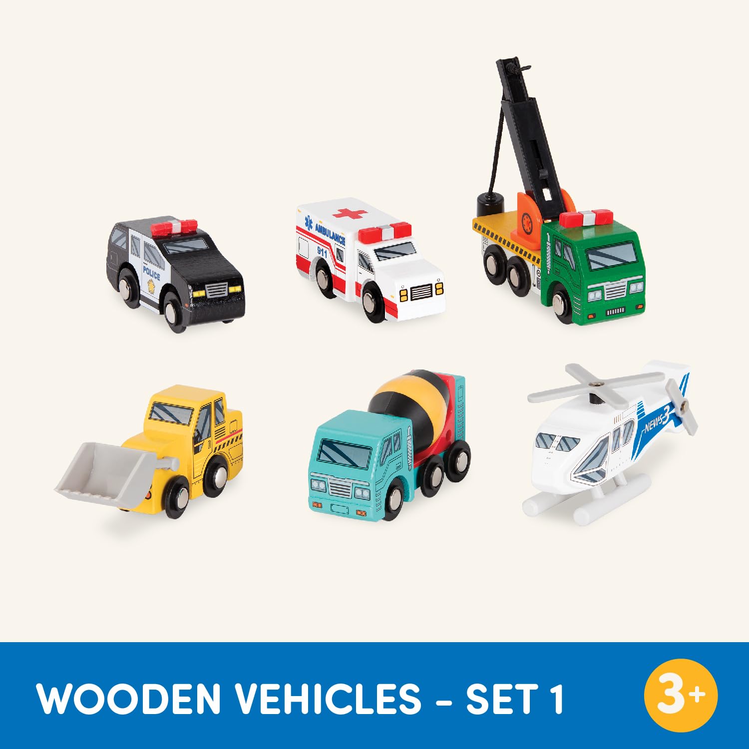Battat Wooden Vehicles Set - 6pc Rescue & Construction Toy Playset for Kids 3+ 7