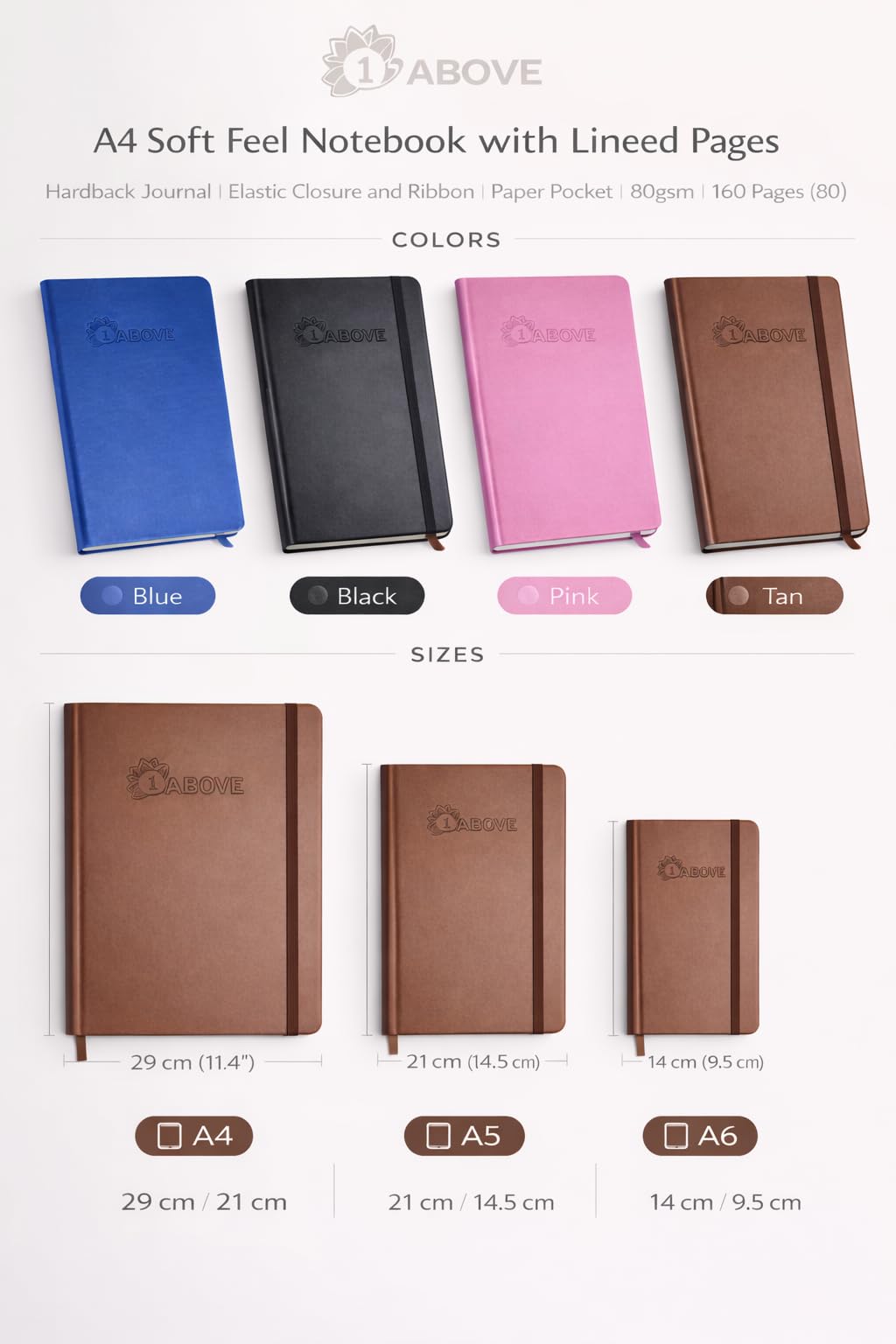 1ABOVE A4 Soft Feel Notebook - Hardback Journal, Lined Pages, Elastic Closure | Black 7