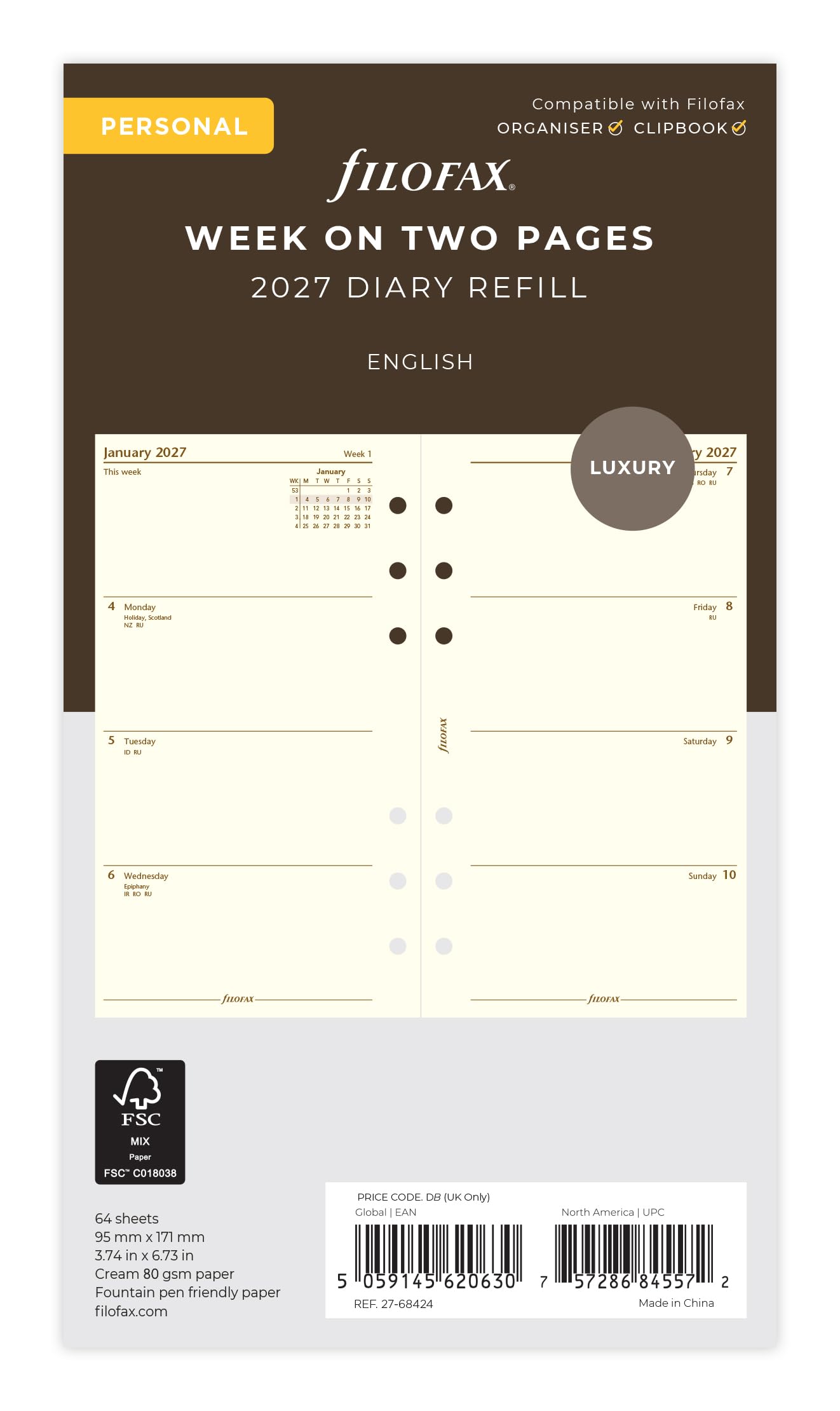 Filofax Personal 2027 Diary Refill - Week on Two Pages | Cotton Cream Paper | 95mm x 171mm