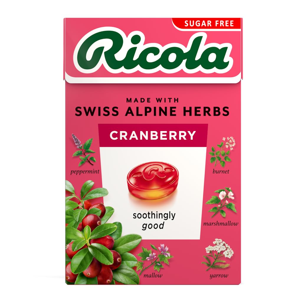 Ricola Cranberry Sugar Free Swiss Herbal Sweets - 45g Box of 20 Drops