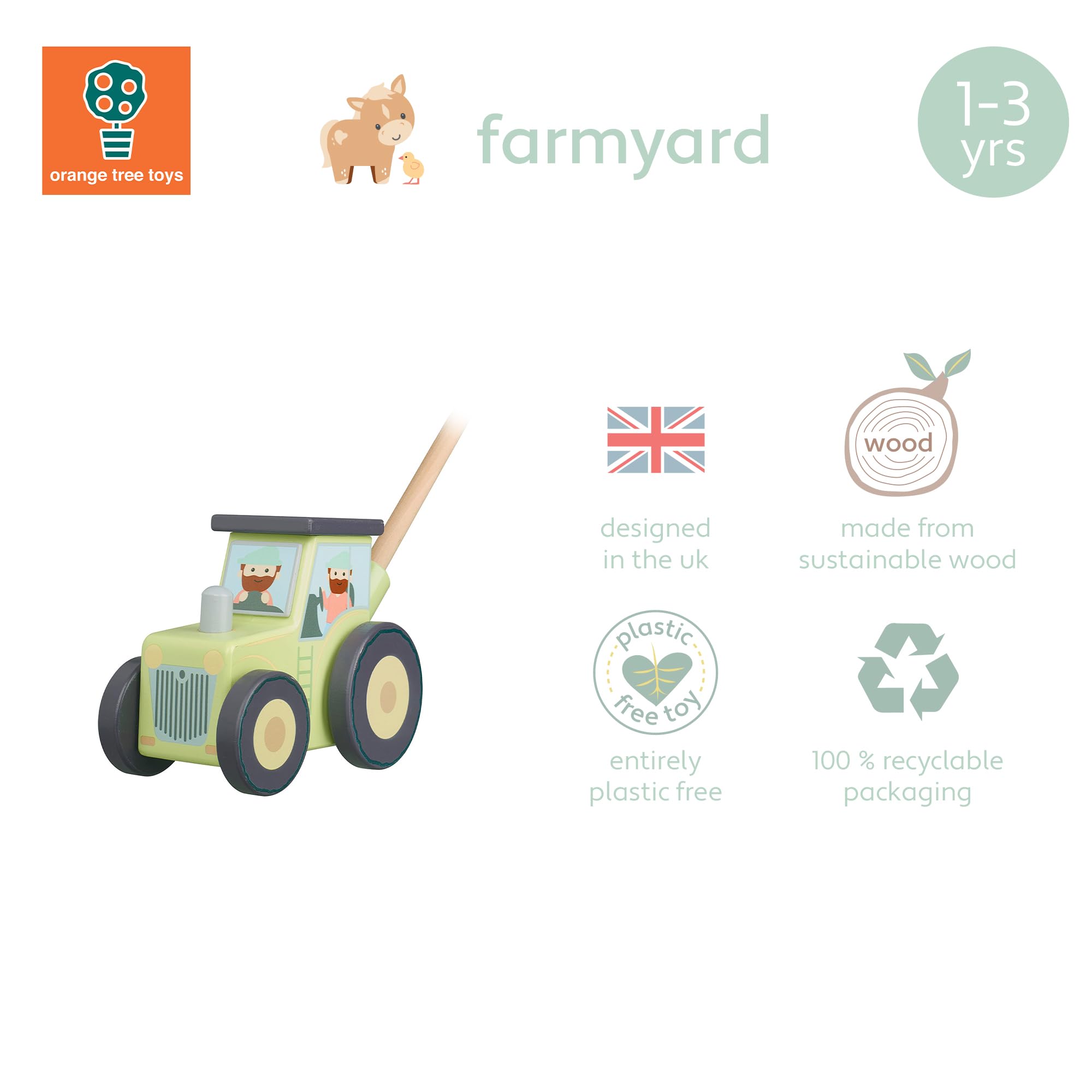 Wooden Tractor Push Along Toy - Early Development Vehicle for Toddlers 12 Months+ 3