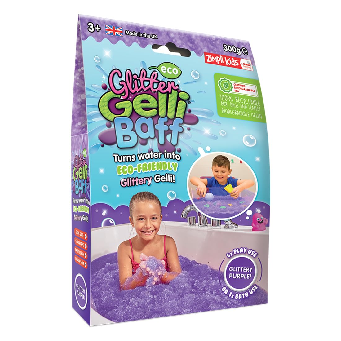Zimpli Kids Eco Glitter Gelli Baff Purple - Biodegradable Sensory Bath Toy for Messy Play
