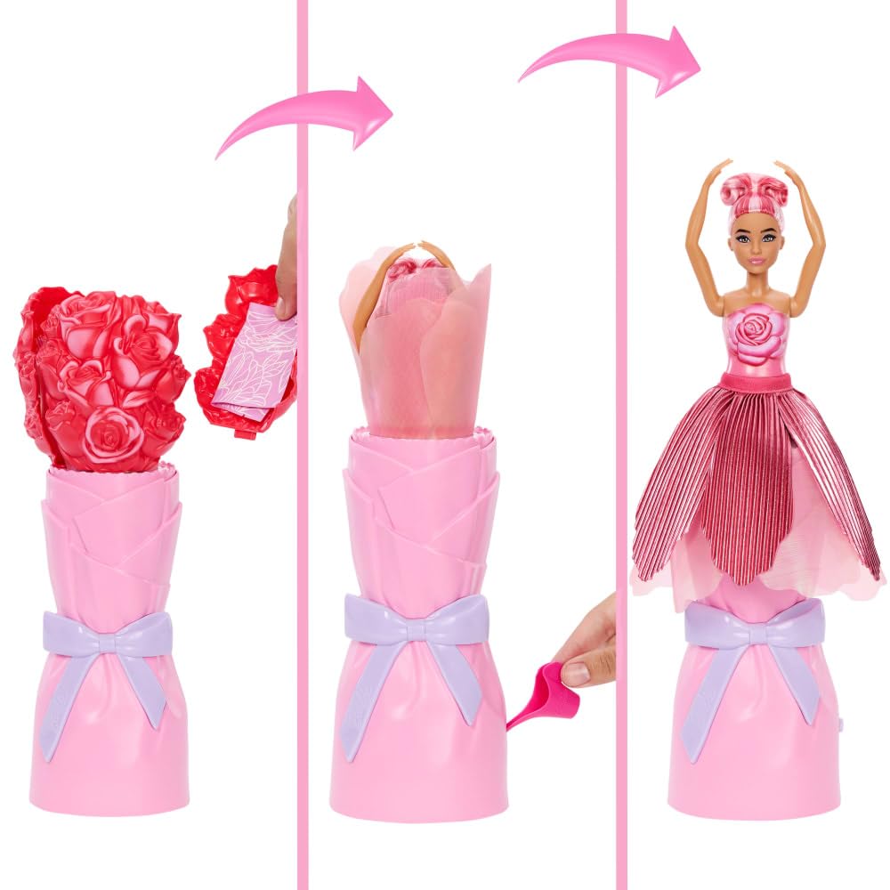 Barbie Petal Pop Scented Doll with Rose Dress & Accessories, Bouquet Reveal | Model JMF59
