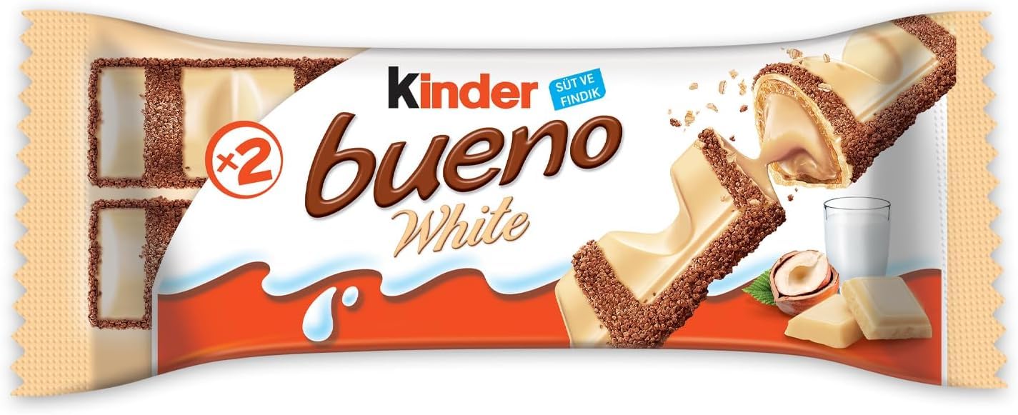 Kinder Bueno White Wafer Twin Bars, 60 Individually Wrapped Chocolate Bars, Milk Chocolate with Hazelnut Filling, Pack of 30 x 2
