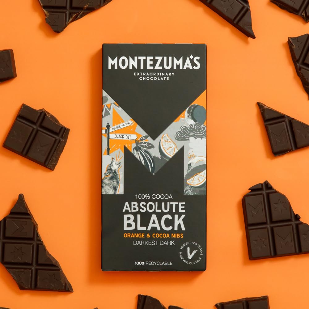 Montezuma - Absolute Black 100% Cocoa Dark Chocolate with Orange & Cocoa Nibs 90g Bar 4