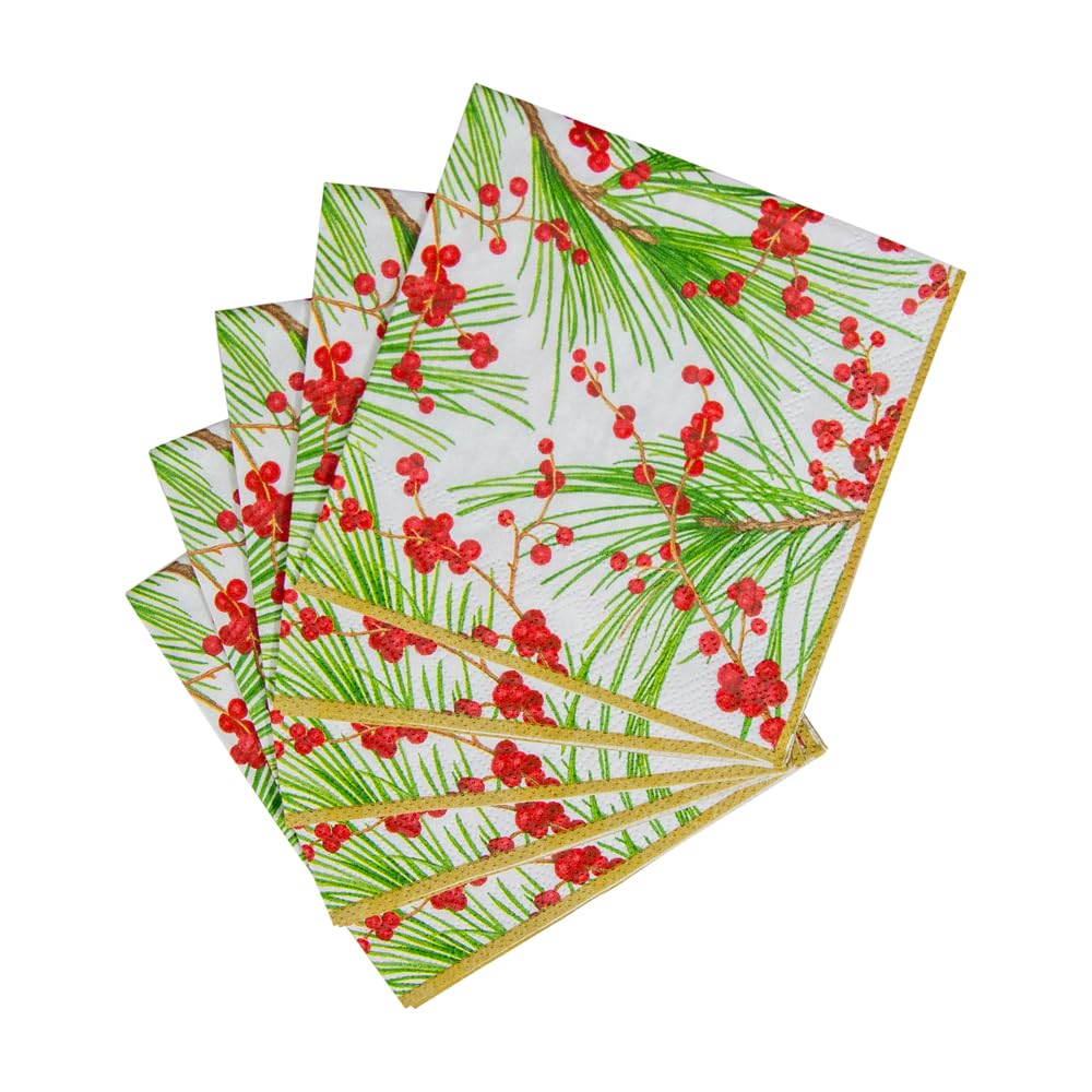 Caspari Berries and Pine Triple-Ply Paper Cocktail Napkins - 20 Per Package 12