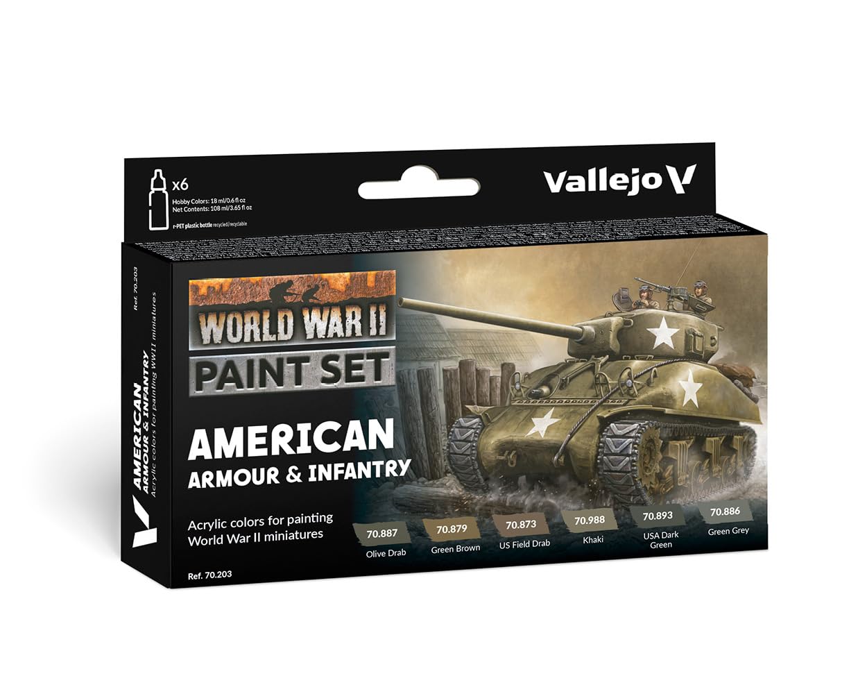 Vallejo VAL70203 AV Model Color Set - WWII American Armour & Infantry | 6 x 17 ml Acrylic Paints