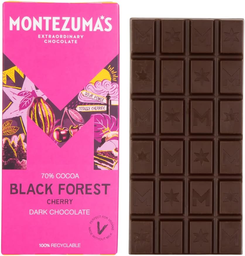 Montezuma's - Schwarzwälder Zartbitterschokolade mit 70 % Kakao und Kirsche, 90 g Tafel