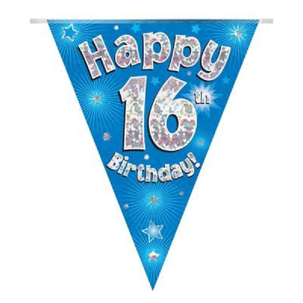 OakTree Happy 16th Birthday Bunting - Blue Holographic Flags | 3.9m Length