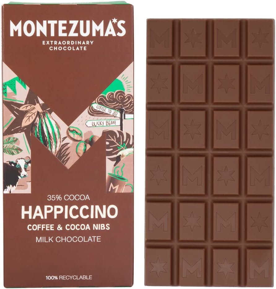 Montezumas Happiccino, 35 % Kakao, Milchschokolade mit Kaffee und Kakaonibs, Glutenfrei