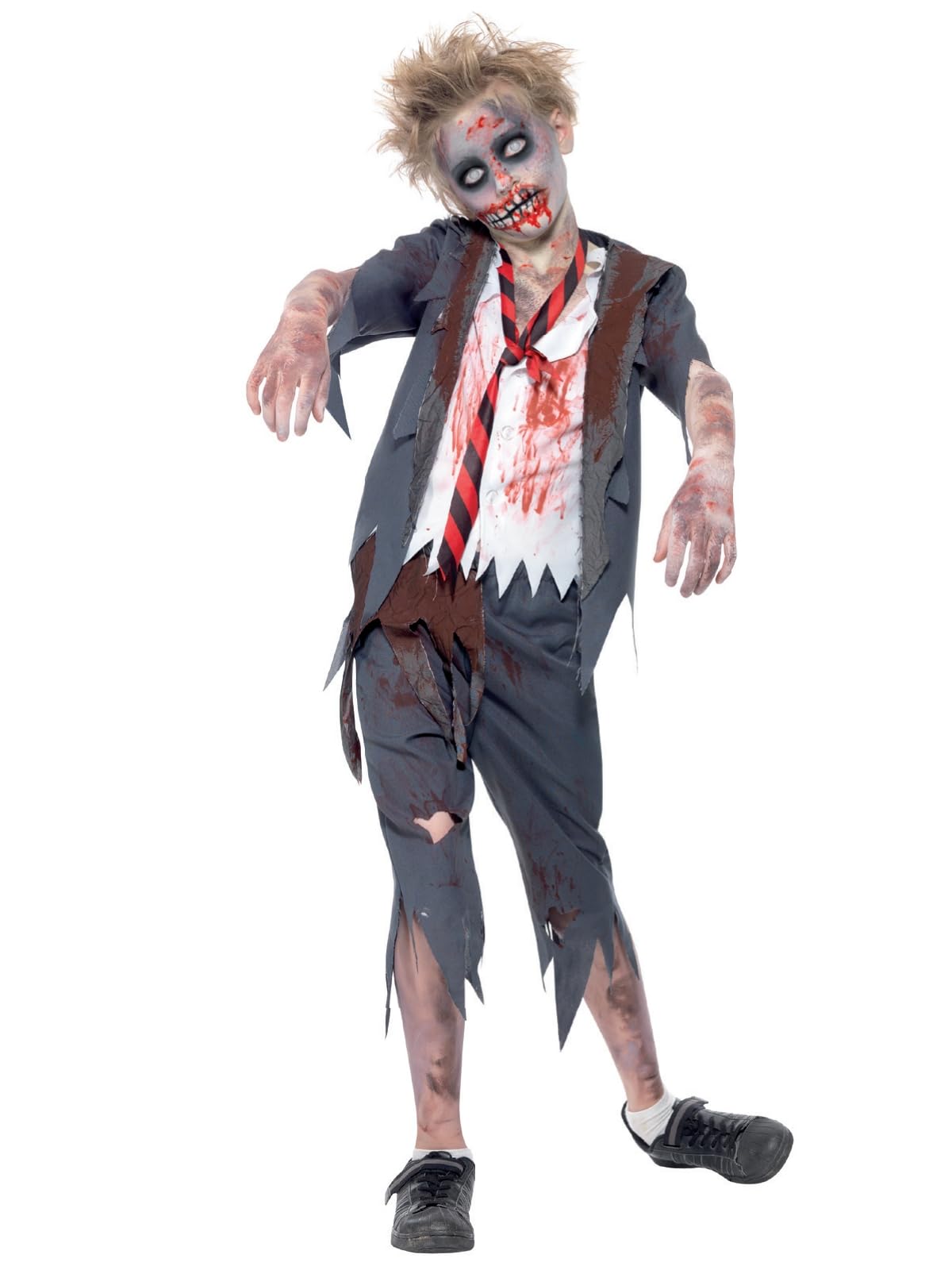 Smiffys Zombie School Boy Costume - Grey with Trousers, Jacket, Mock Shirt & Tie, Ages 10-12