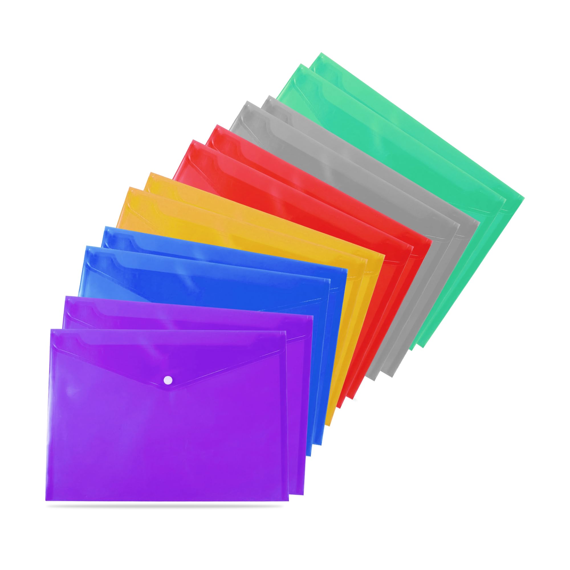 10 A4 / Foolscap Bright Transparent Popper Wallet/Paper Wallets - Assorted Colours
