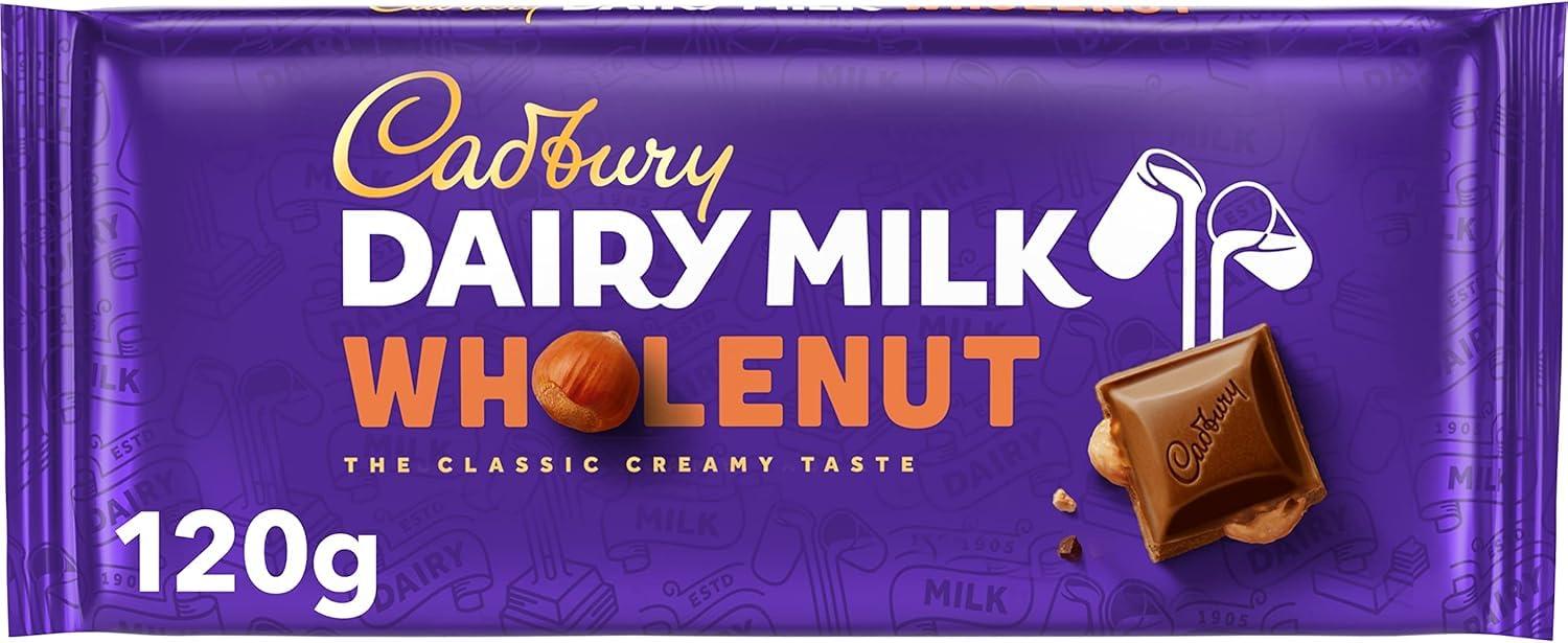 Cadbury Dairy Milk Whole Nut Bar mit ganzen Haselnüssen, 120 g