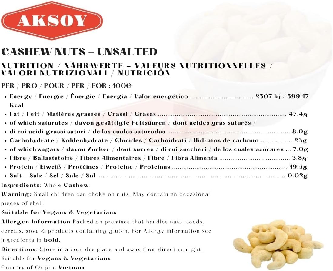 AKSOY Premium Raw Cashews - Natural, Fresh, 750g Pack | Vegan & Gluten Free