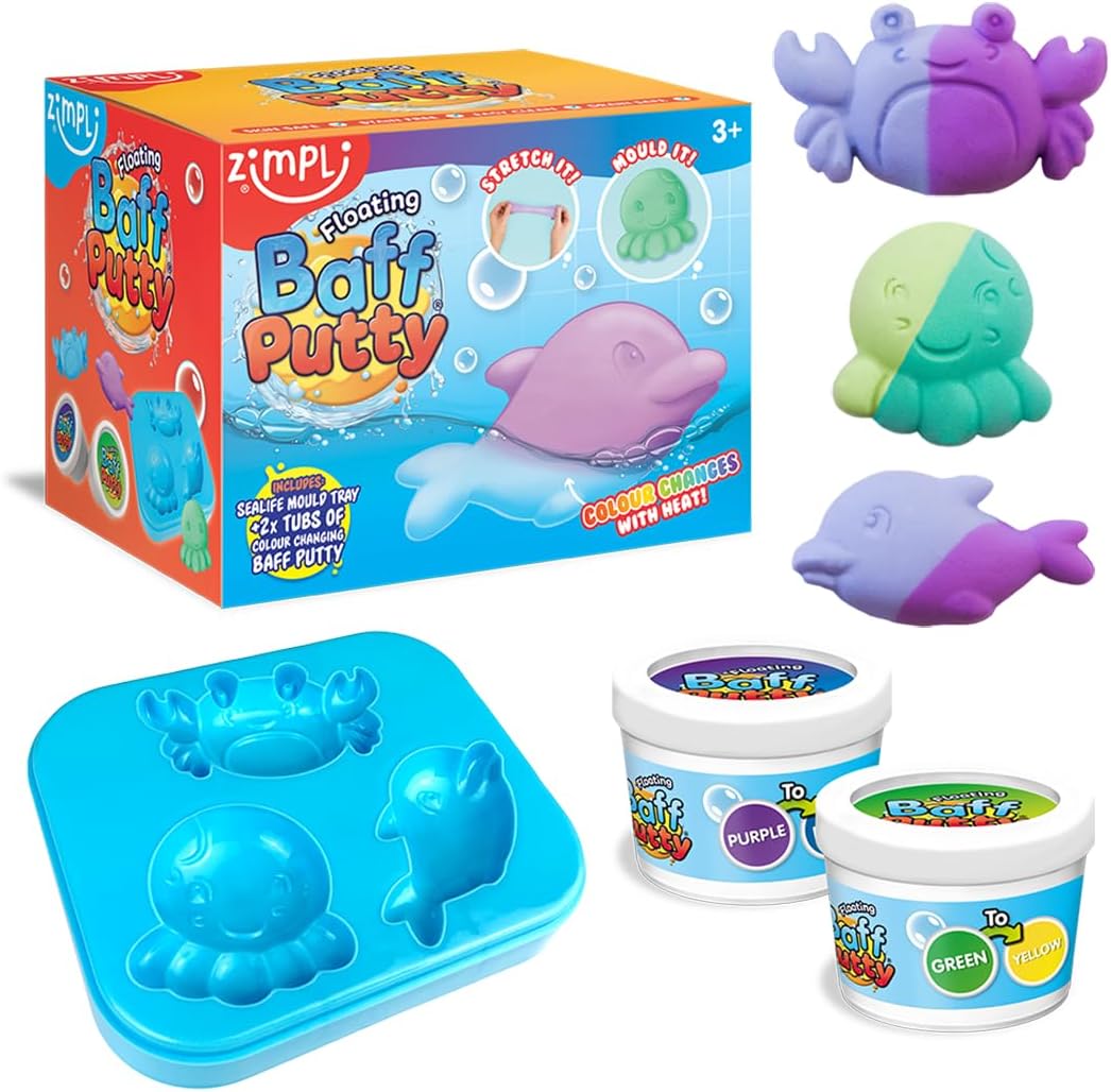 Zimpli Kids Floating Baff Putty - 2 x Colour Changing Bath Putty Tubs with Seafloor Mould Tray