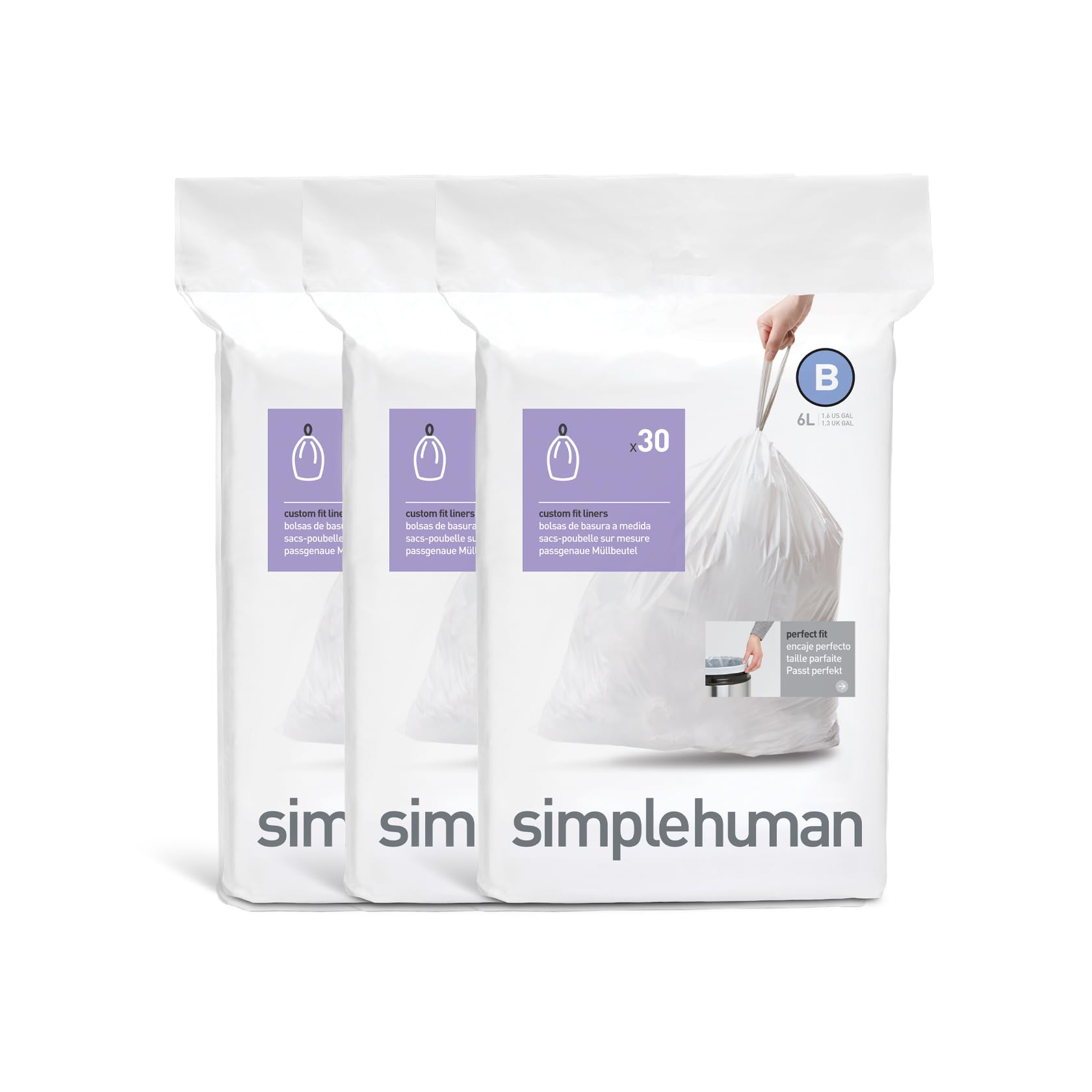 simplehuman CW0251 Code B Custom Fit Bin Liner | 90 Pack | 6L Capacity | White Plastic