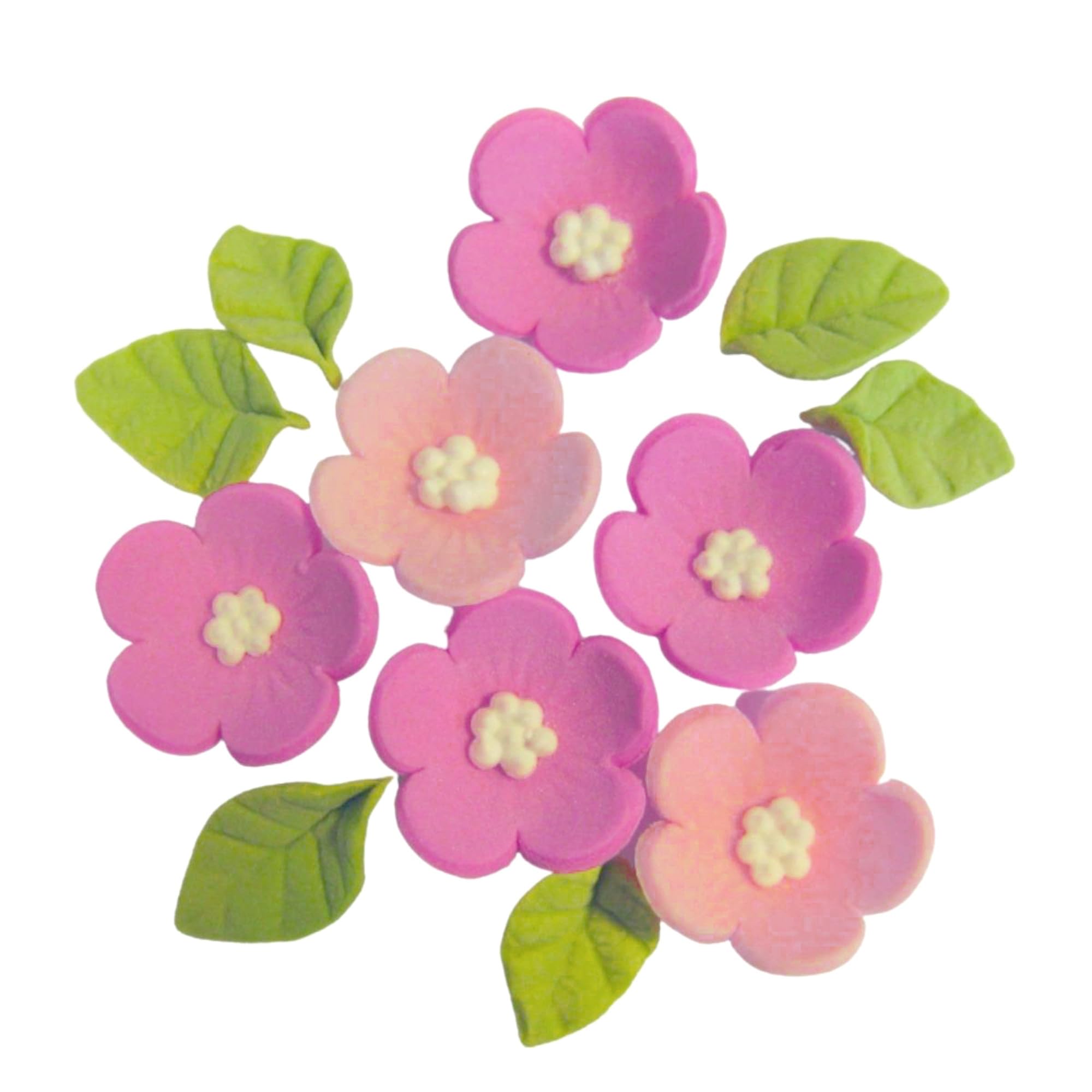 Baked with Love - 12 Pack Handmade Edible Sugar Flowers and Leaves Cupcake Toppers | Pink & Green