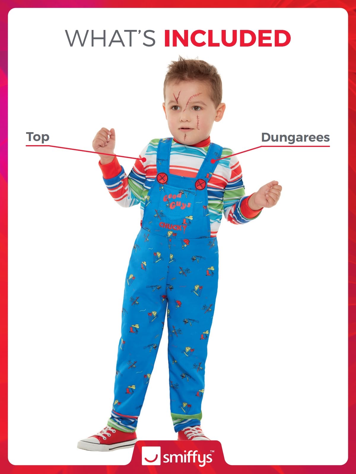 Smiffys Chucky Costume - Kids Blue Dungarees and Striped Top 3