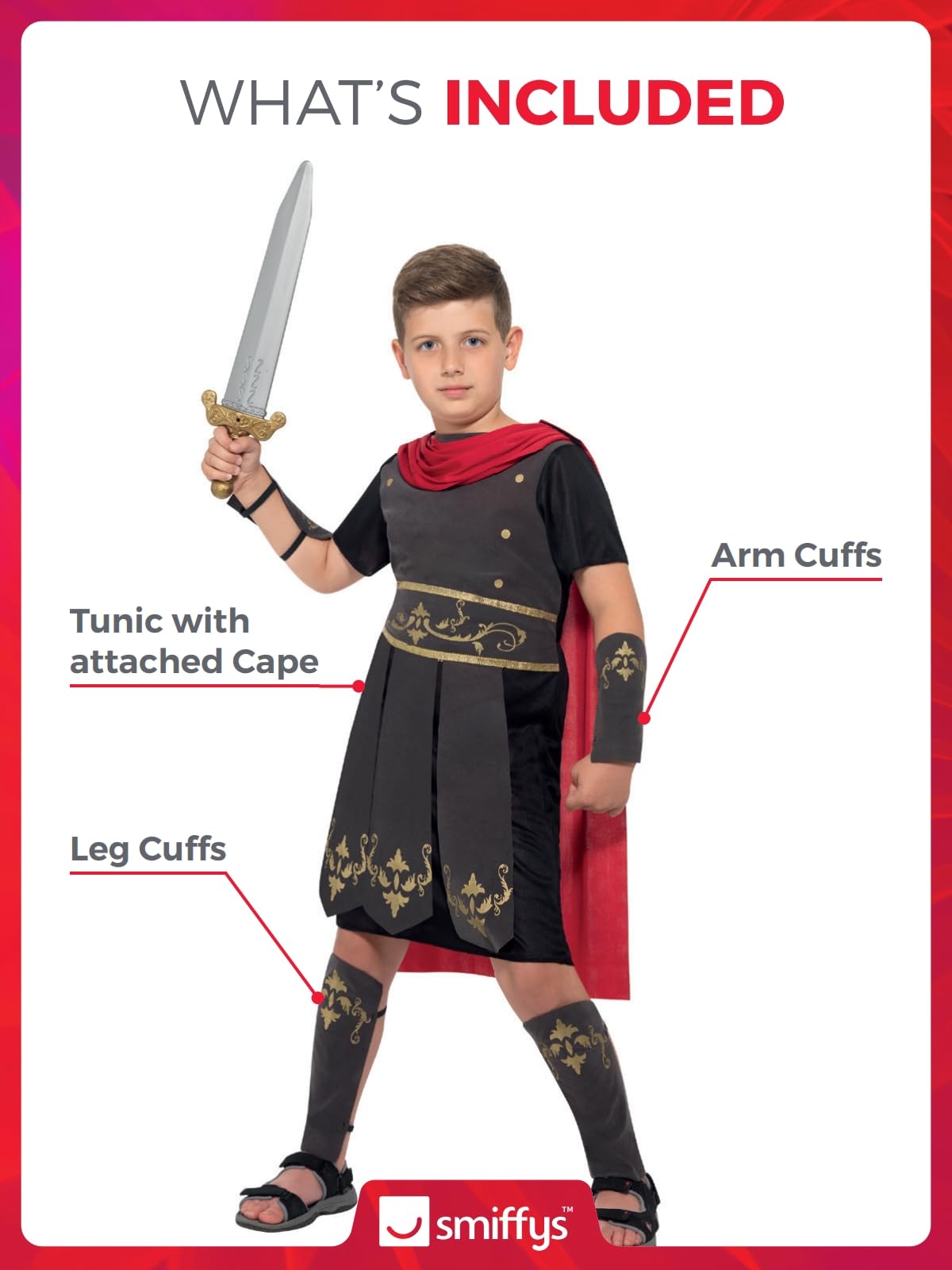 Smiffys Roman Soldier Costume - Boys Age 7-9 | Tunic with Cape, Arm & Leg Cuffs | Polyester