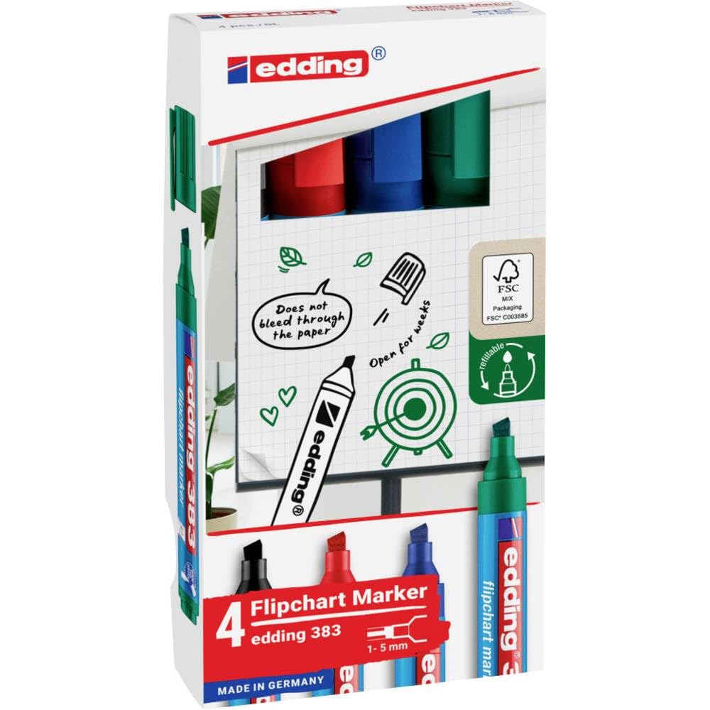 edding 383 Flipchart Marker - Chisel Nib 1-5 mm | Set of 4 Multi-Coloured | Refillable