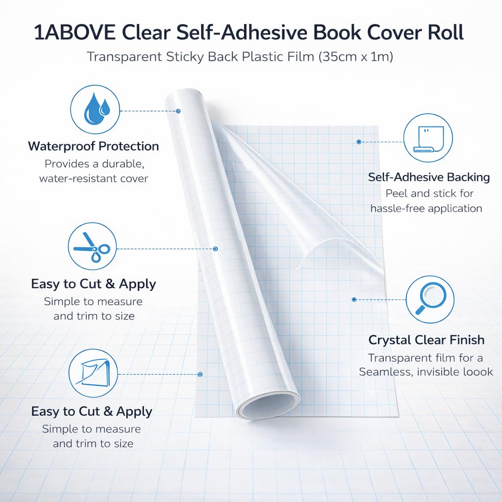 1ABOVE Clear Self-Adhesive Book Cover Roll - Transparent Sticky Back Plastic for A4 | 33cm x 1M