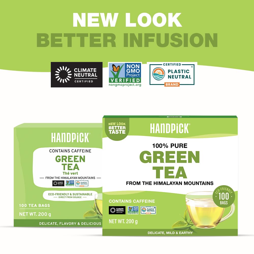 HANDPICK Green Tea Bags - 100 Count | Gluten Free & 100% Pure Green Tea | Round Teabags