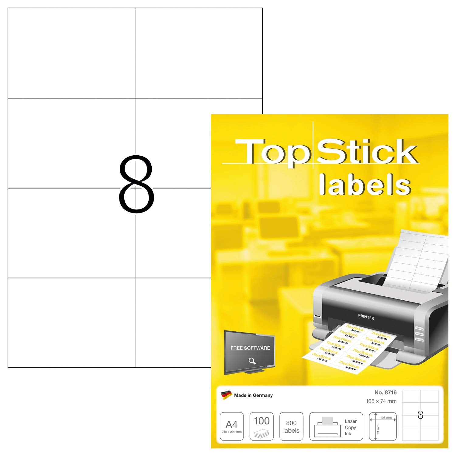 TopStick 8716 Multi-Purpose Printer Labels - 8 Labels/Sheet, 105x74mm, 800 Labels Total 1