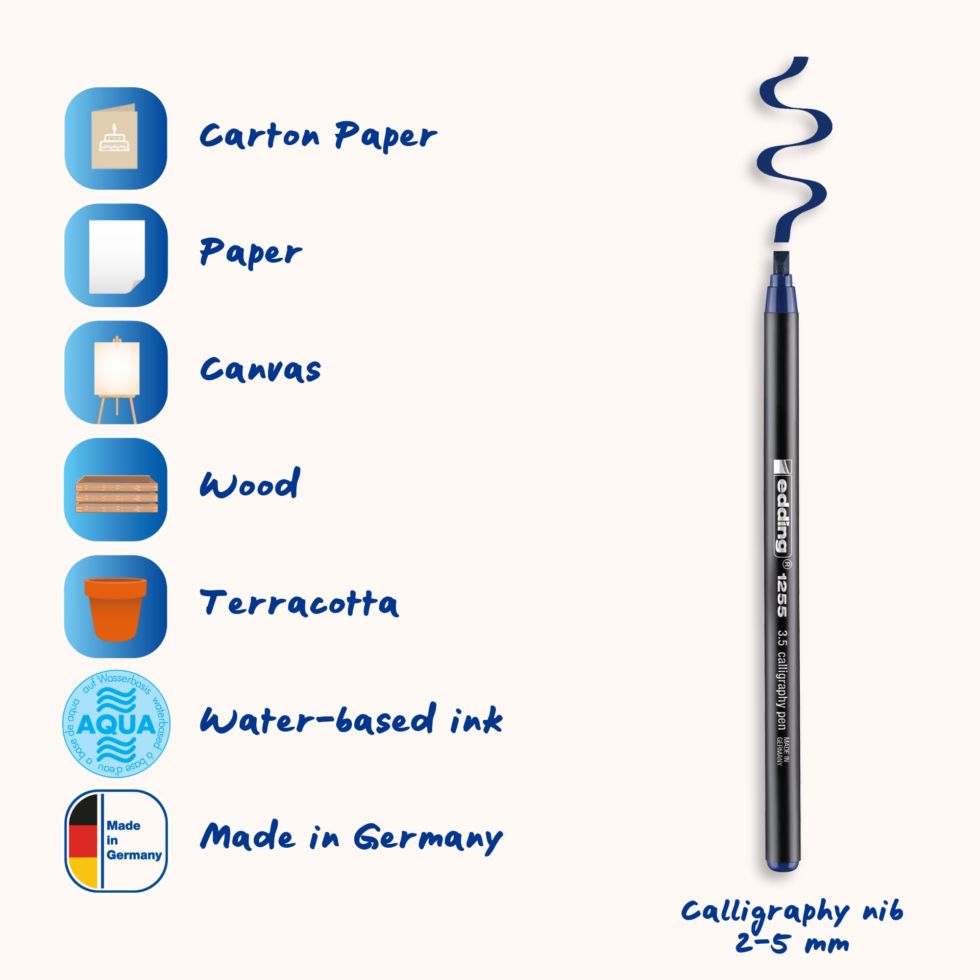 edding 1255 Calligraphy Pen - Steelblue - 3 Pens | Calligraphy Nib 2-5 mm | Waterproof Fibre Pens